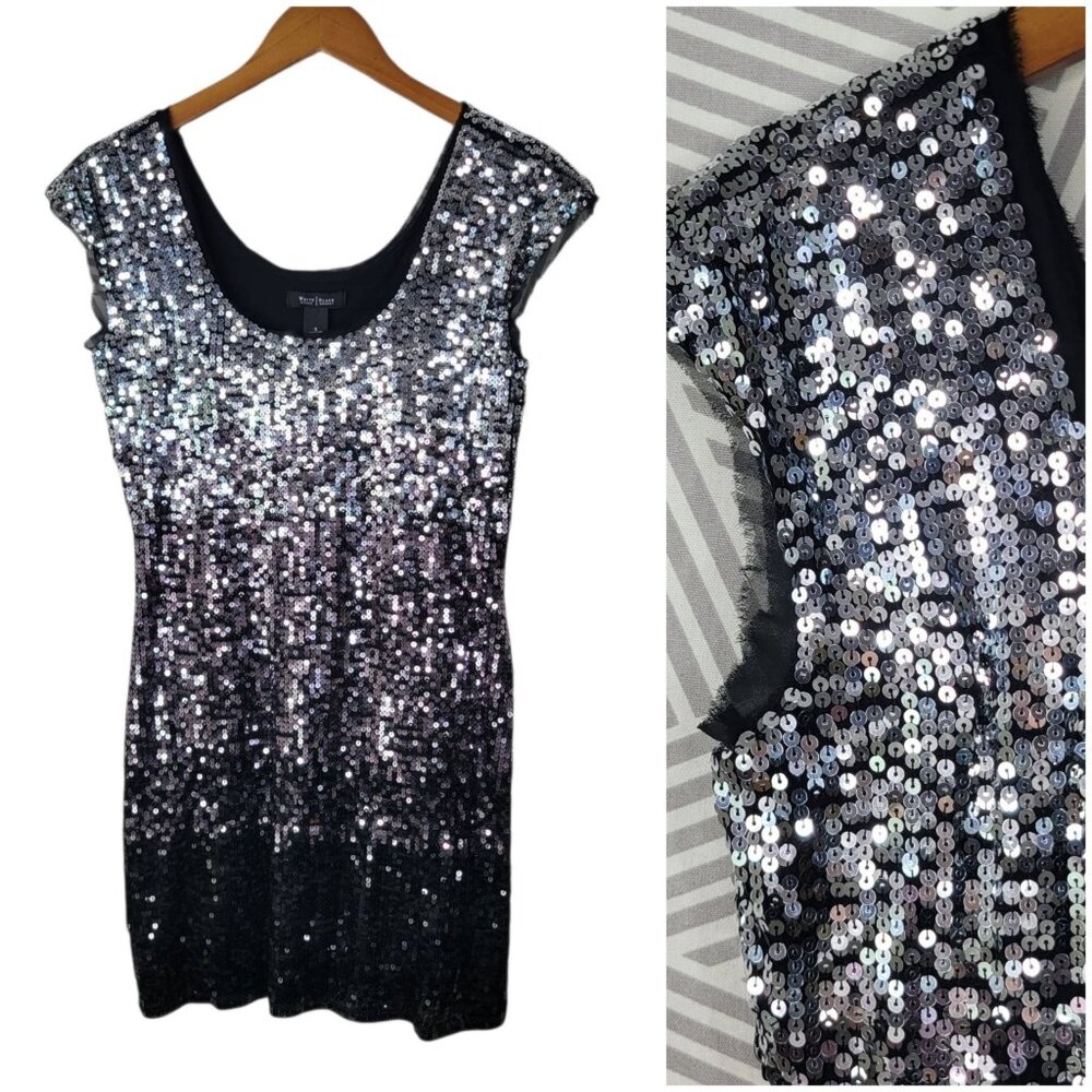 White House Black Market Black Silver Sequin Mini Dress Size Small Short Event